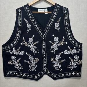 Willow Bay Embroidered Vest 3X 22W 24W Navy White Boho Artsy Folk Statement